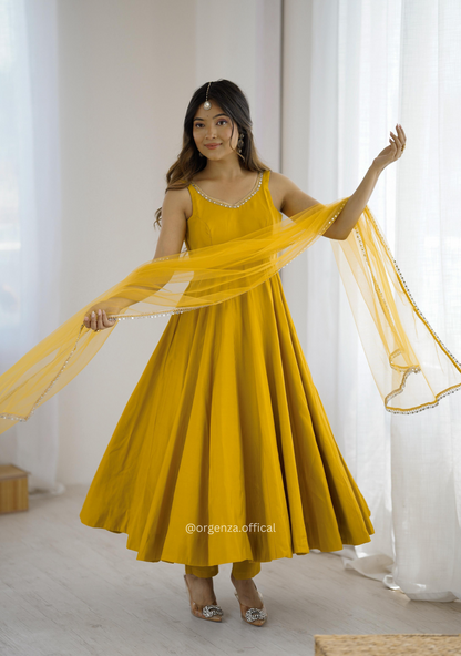 Yellow Colour Roman Silk Chanderi Plain Anarkali Kurti