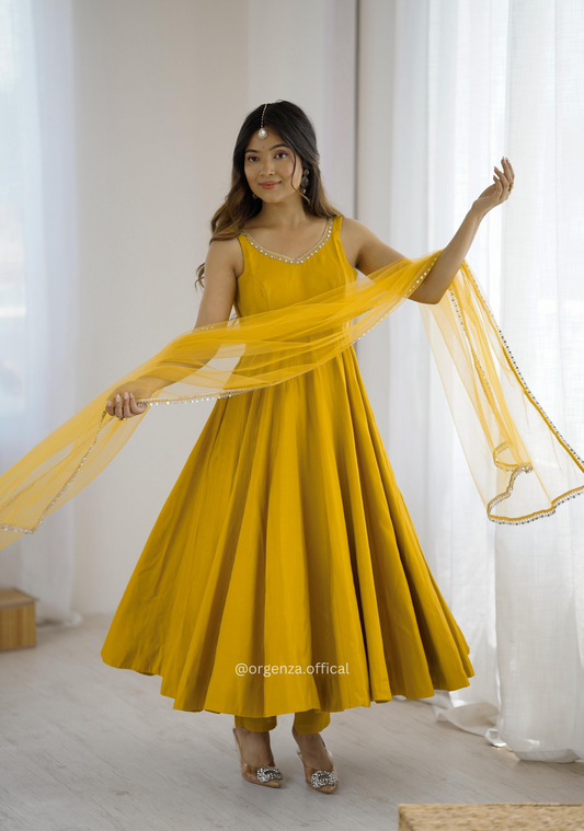 Yellow Colour Roman Silk Chanderi Plain Anarkali Kurti