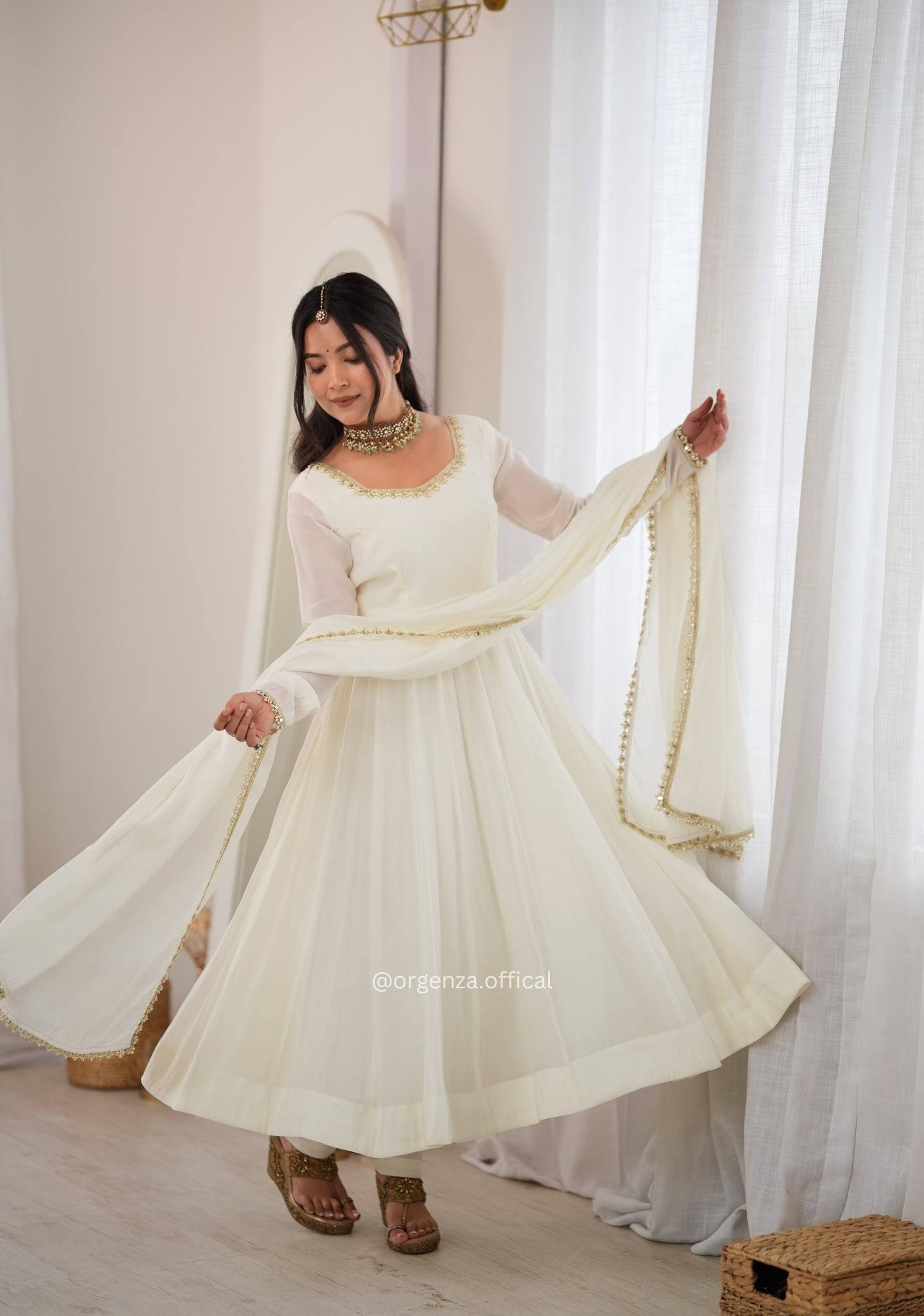 Off-White Pure Mal Chanderi Mirror Work Anarkali Set