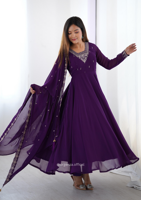 Purple Colour Georgette Anarkali With Dupatta And Pant
