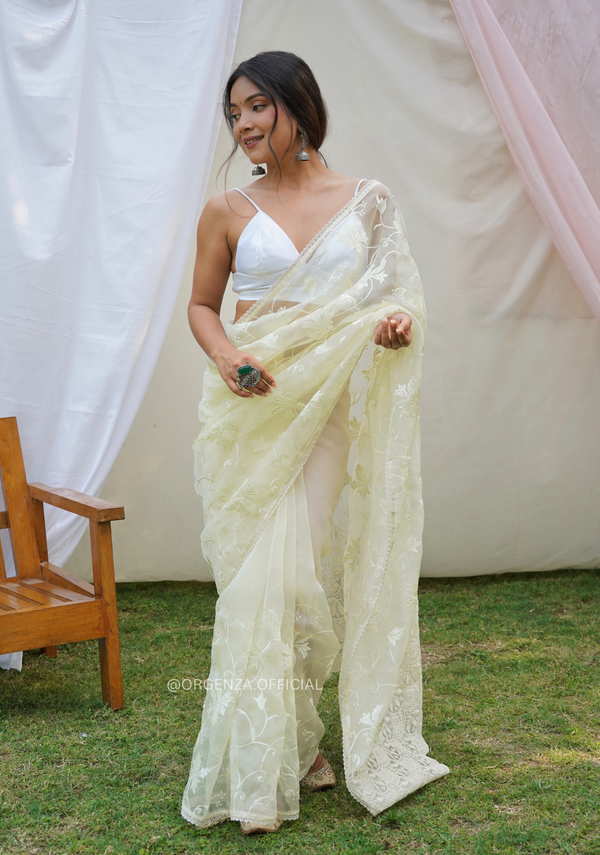 Light Yellow Organza Saree With Embroidery Work