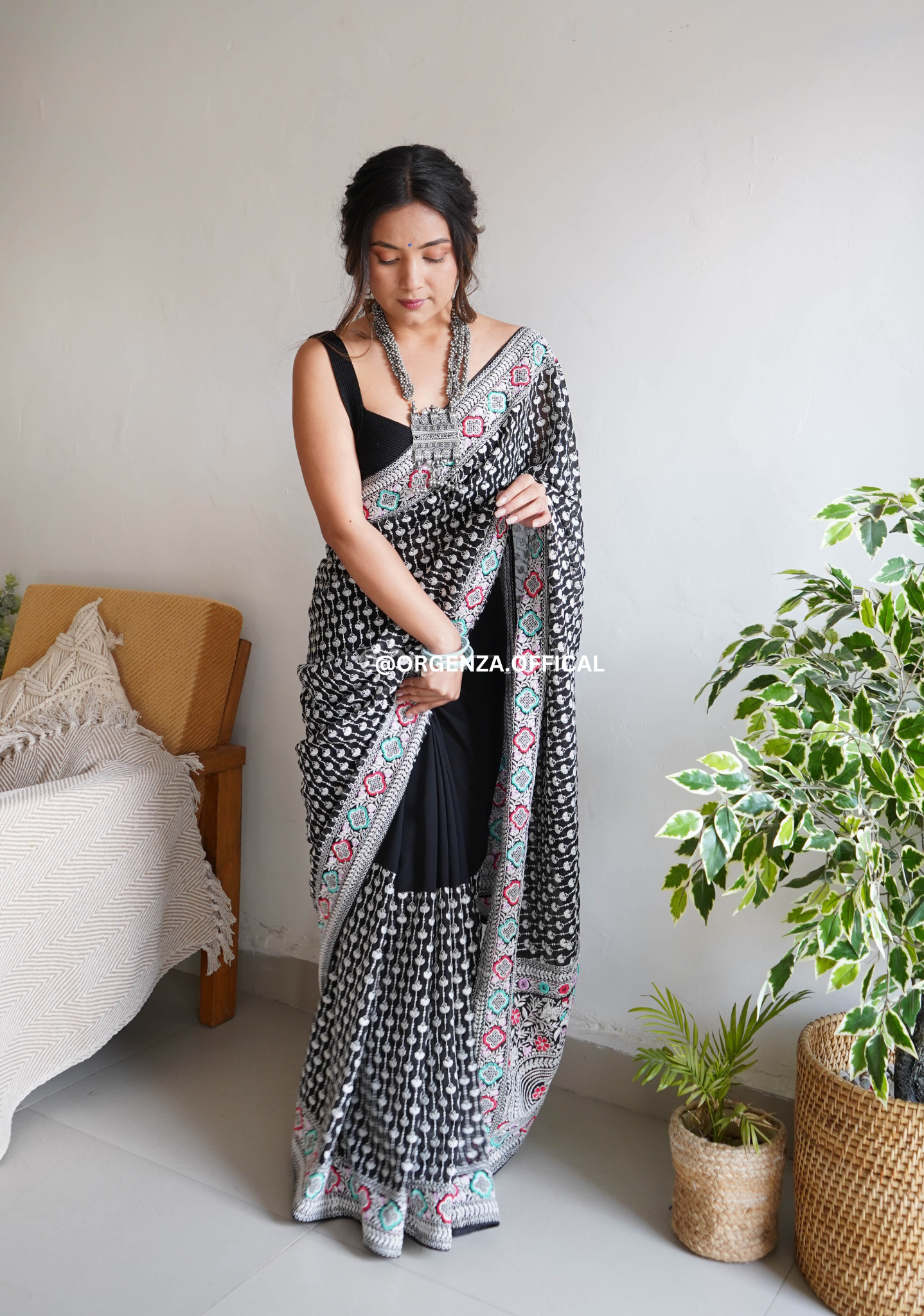 Black Pure Georgette Silk Saree With Embroidery Work - Orgenza Store