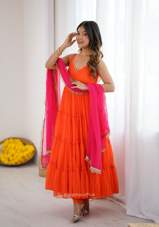 Orange Colour Georgette Chiffon Anarkali Kurti