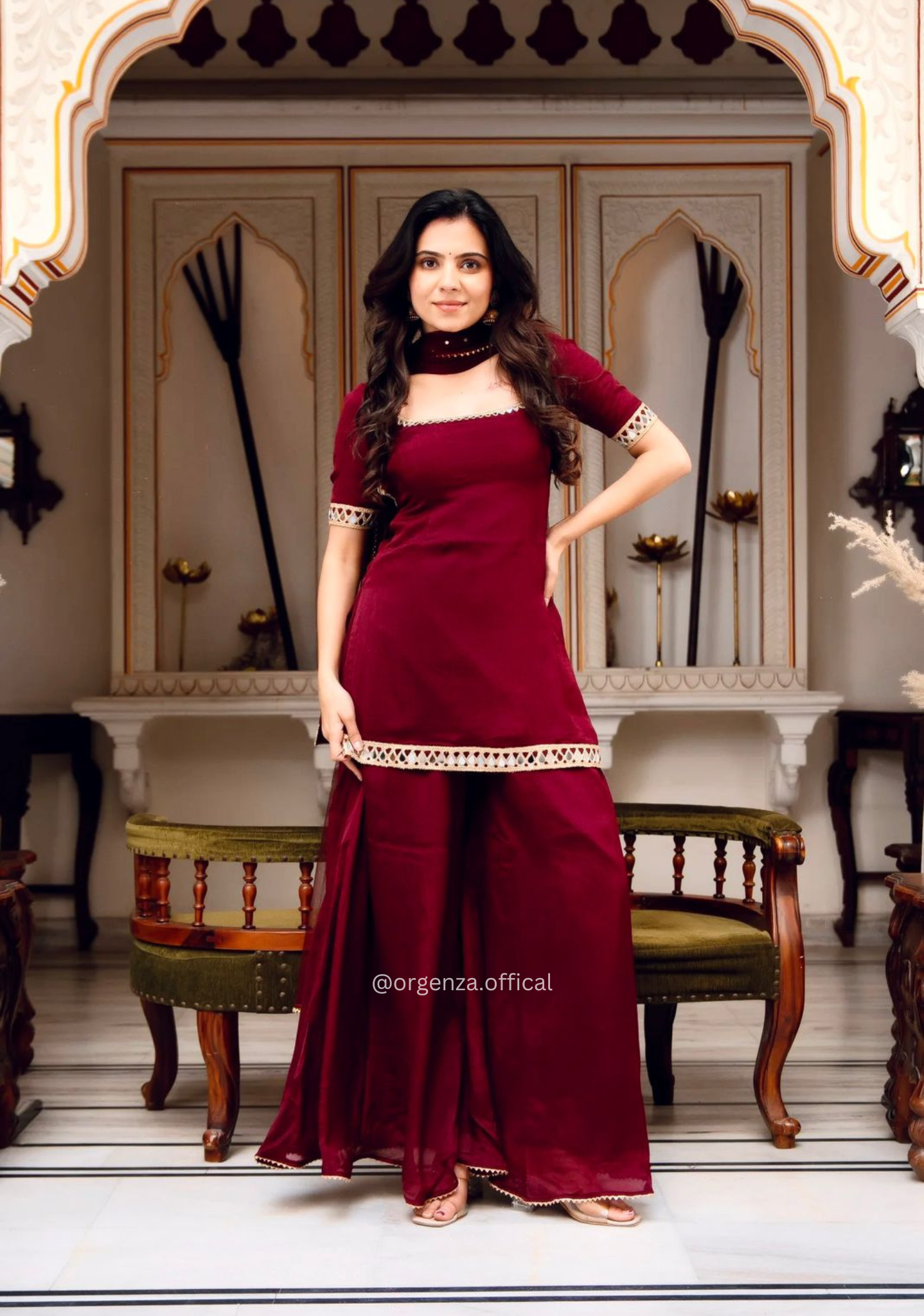 Faux Georgette Mirror Work Kurta Palazzo Set