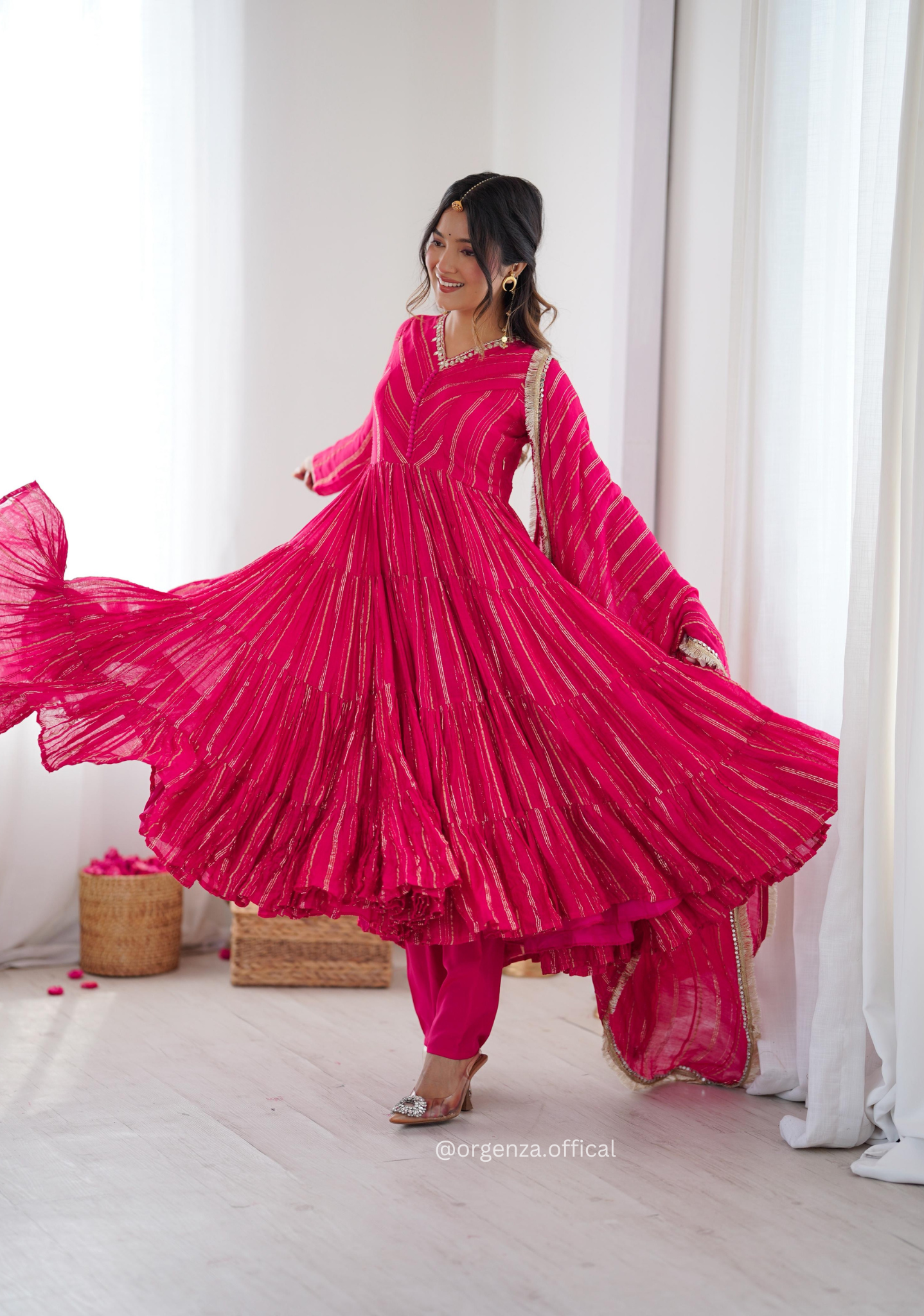 Mal Chanderi Mirror Work Ruffle Gown Set with Dupatta – Fully Stitched