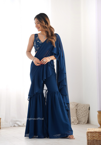 Ready To Wear Teal Blue Colour Sharara Saree - Orgenza Store