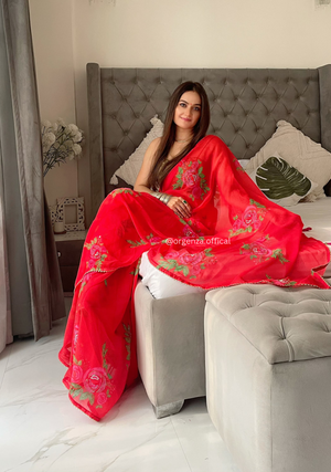 Georgette Silk Saree With Floral Hand Work - Orgenza Store