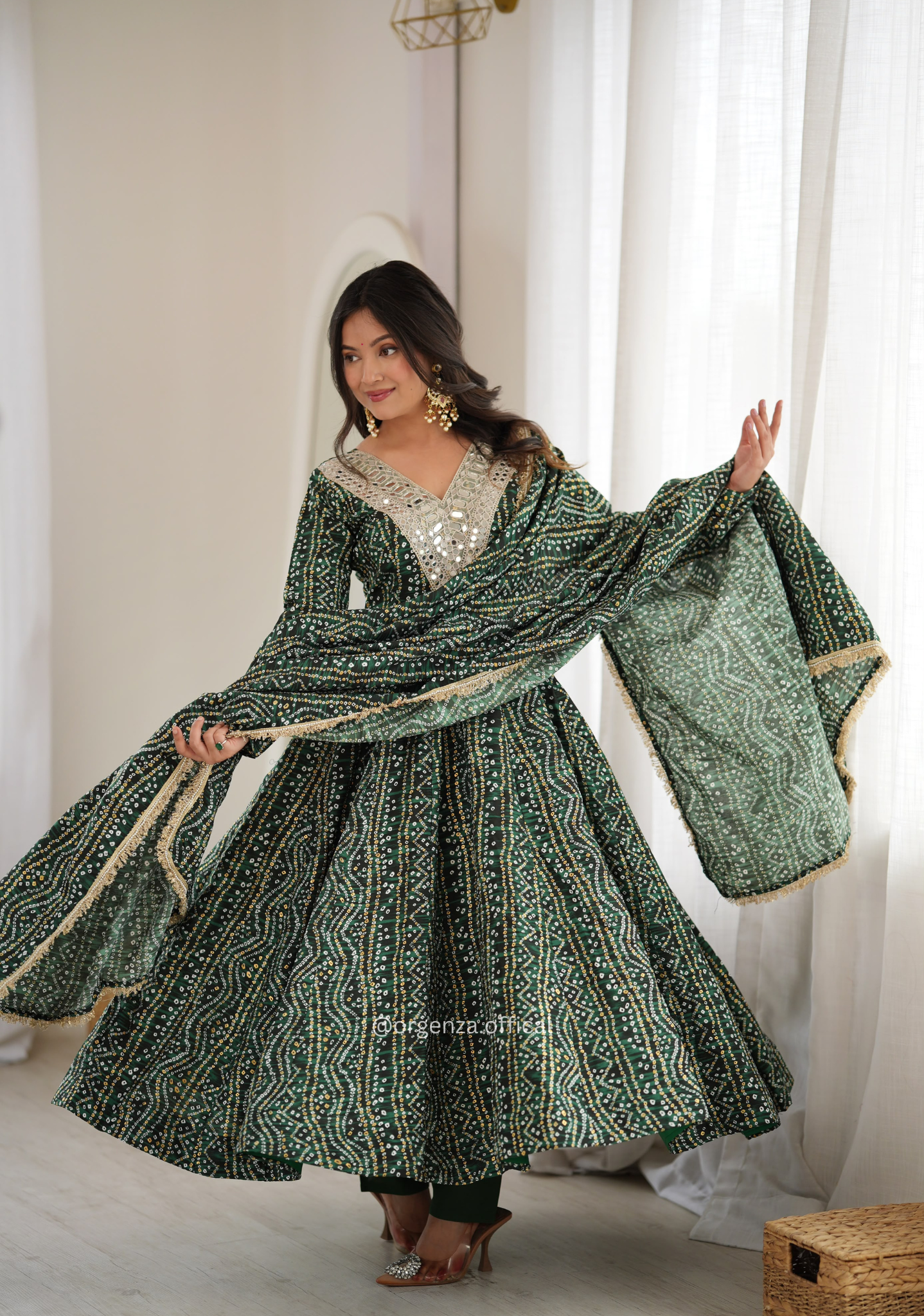 Bottle Green Rayon Mirror Embroidered Gown Set