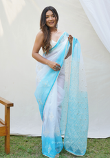 Sky Blue Organza Saree With Viscous Thread Work