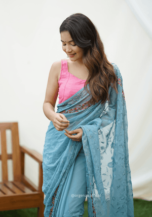 Sky Color Embroidery Work Heavy Georgette Silk Saree With Running Blouse - Orgenza Store - digisoch