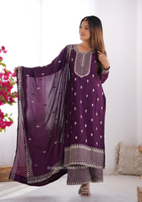 Chinon Silk Fabric Straight Fit Kurta With Dupatta Set