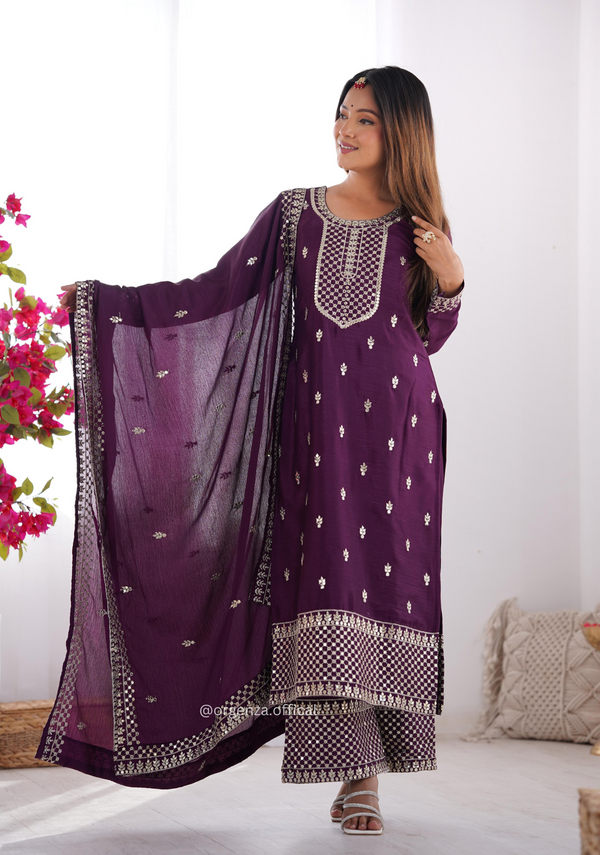 Chinon Silk Fabric Straight Fit Kurta With Dupatta Set
