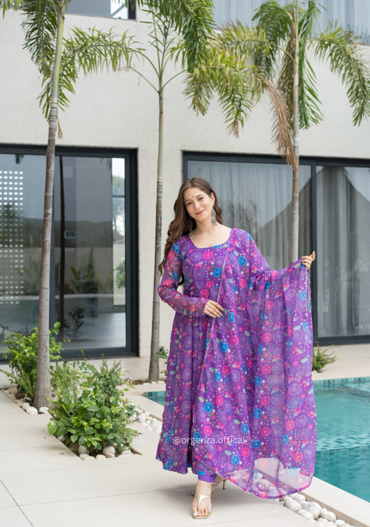 Purple Colour Pure Organza Silk Floral Anarkali Kurtis
