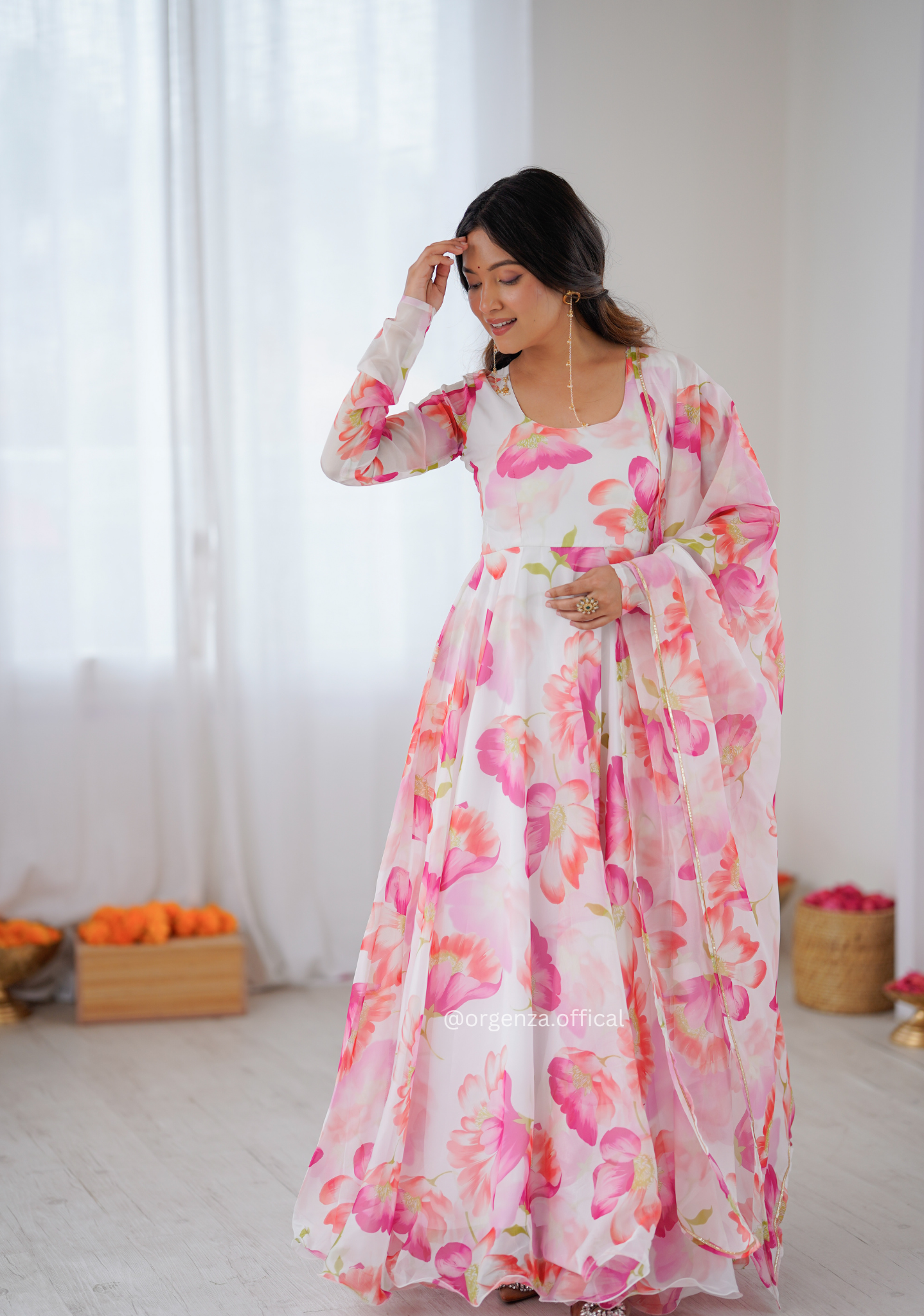 Organza Taby Silk 8 Meter Flare Anarkali Gown Set with Dupatta & Bottom