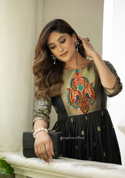 Designer Soft Silk Zari Work Flared Gown for Women