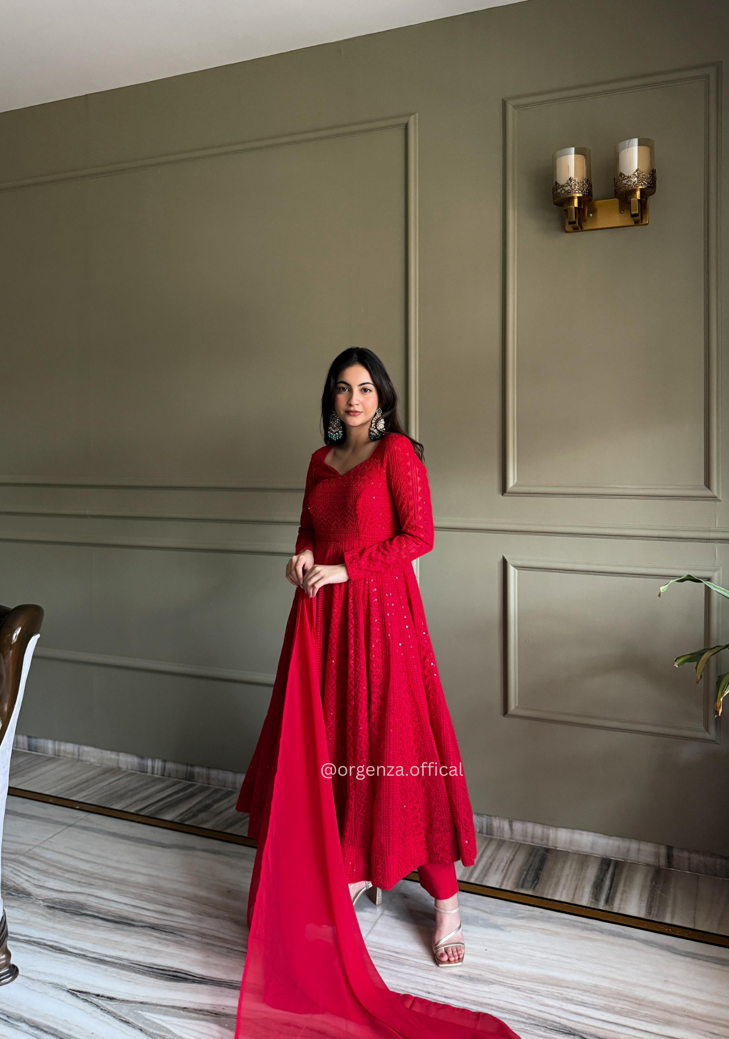 Lucknowi Georgette Anarkali Suit Set with Sequence Work & Ruffle Dupatta