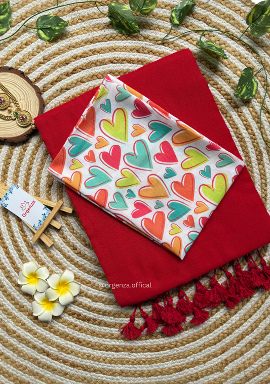 Red Colour Cotton Saree With Heart Print Blouse