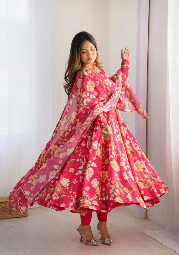 Pure Organza Pink Colour Silk Print Kurti