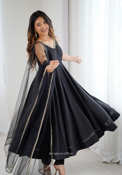 Black Colour Roman Silk Chanderi Plain Anarkali Kurti