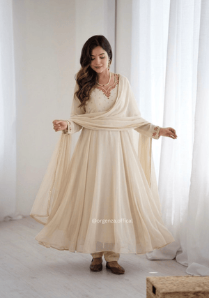 Designer Fox Georgette Gown with Handwork & Gotta Patti Dupatta | Party & Wedding Wear - Orgenza Store