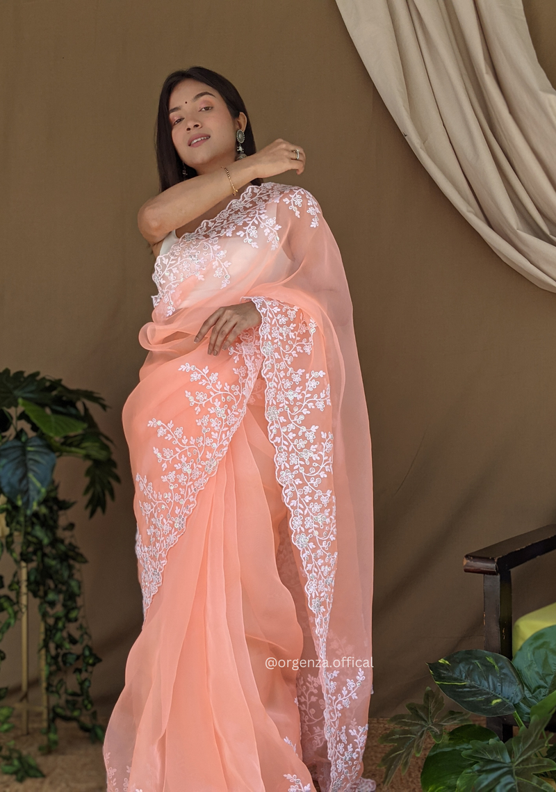 Organza Light Peach Color Pure Organza Silk And Flower Embroidery Work