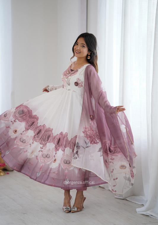 Onion Pink Colour Organza Anarkali Kurti Set
