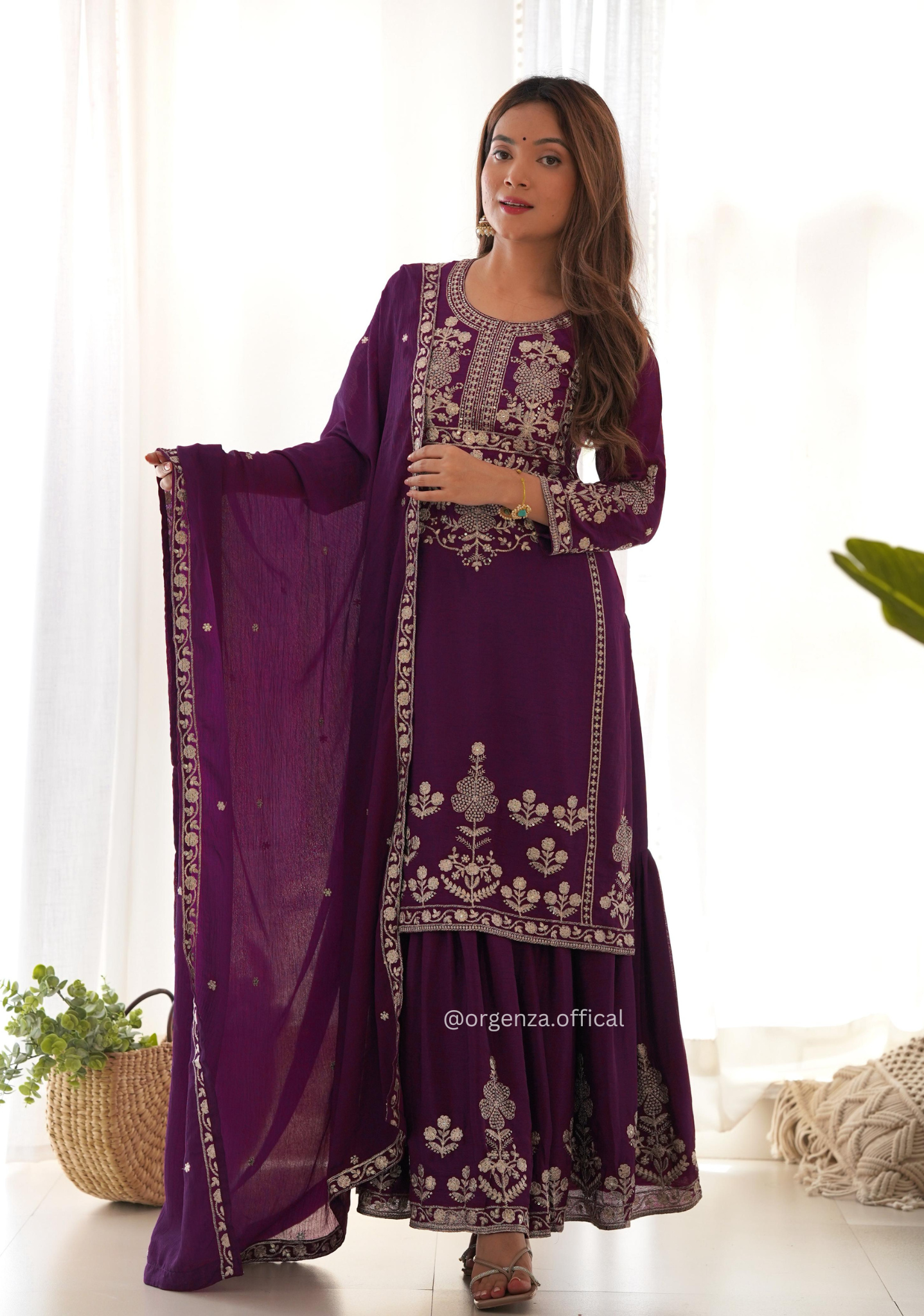Pure Chinon Silk Embroidered Kediya Kurta Sharara Set with Dupatta