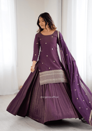 Roman Shimmer Chanderi Silk Kurta Lehenga Set with Embroidered Dupatta - Orgenza Store - digisoch