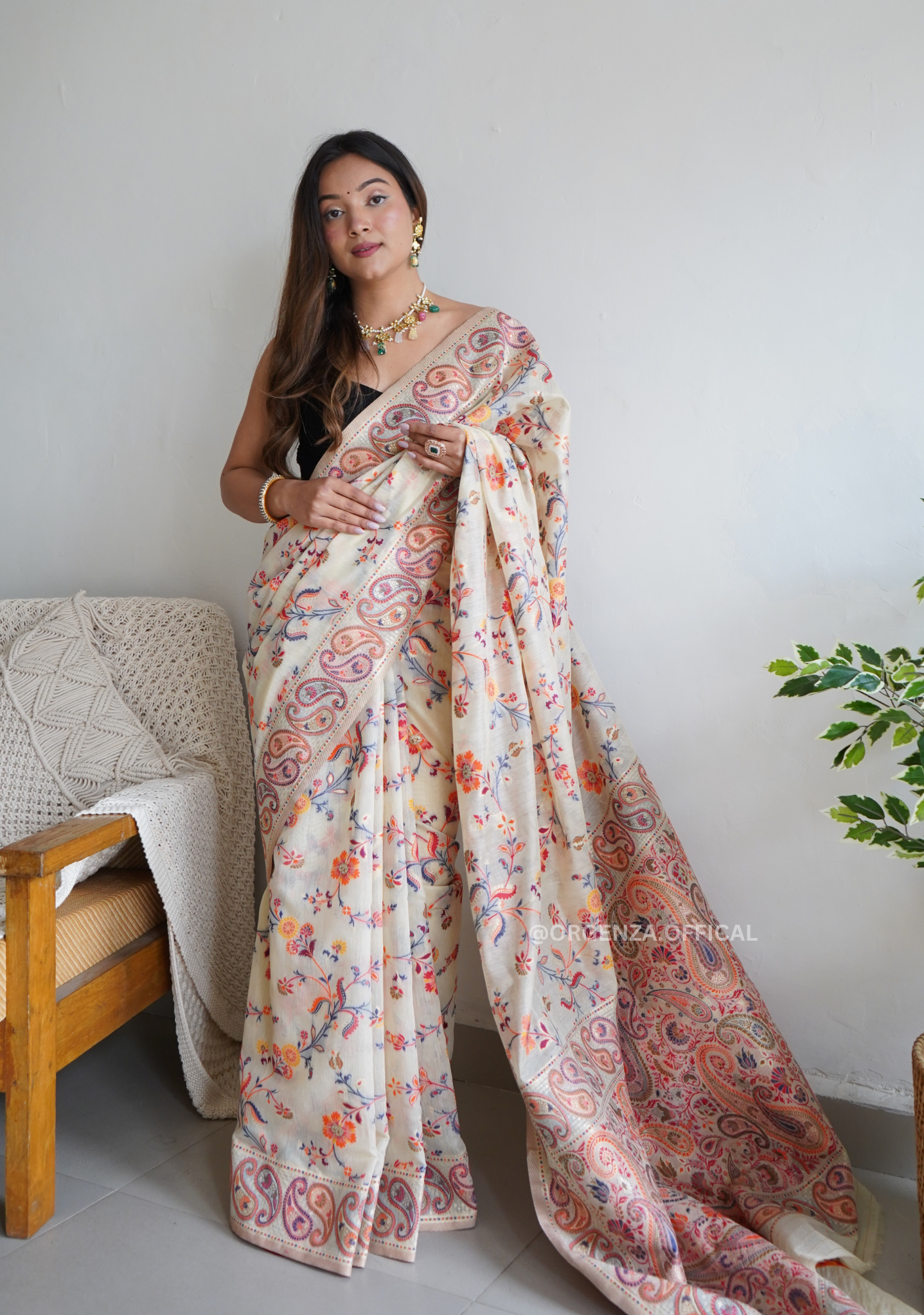 Pure Pashmina Kanchi Weaving Kashmiri Silk Saree - Orgenza Store