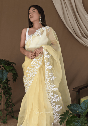 Organza Light Yellow Color Pure Organza Silk And Flower Embroidery Work - Orgenza Store - digisoch