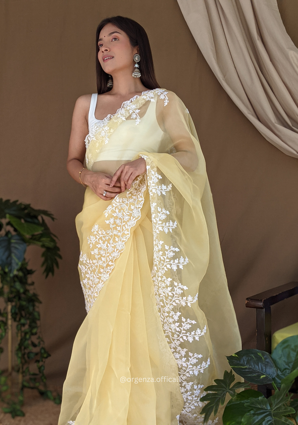 Organza Light Yellow Color Pure Organza Silk And Flower Embroidery Work