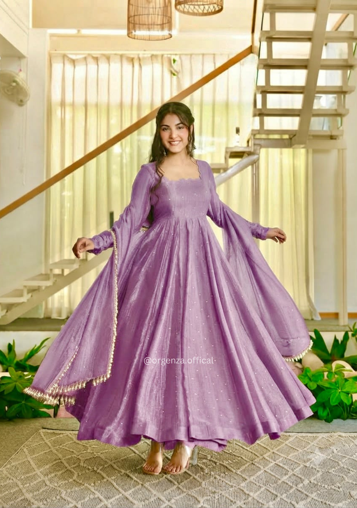 Purple Salsa Silk Foil Work Gown Pant Dupatta Set