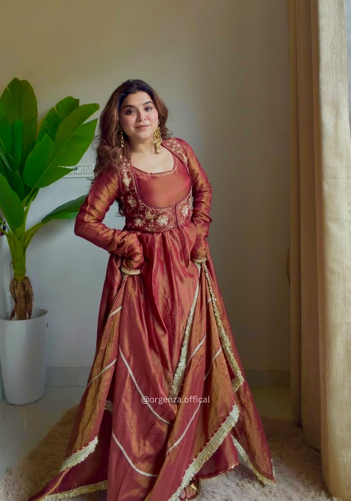 Rust Brown Heavy Cosmos Silk Maxi Anarkali Suit Set with Koti Work