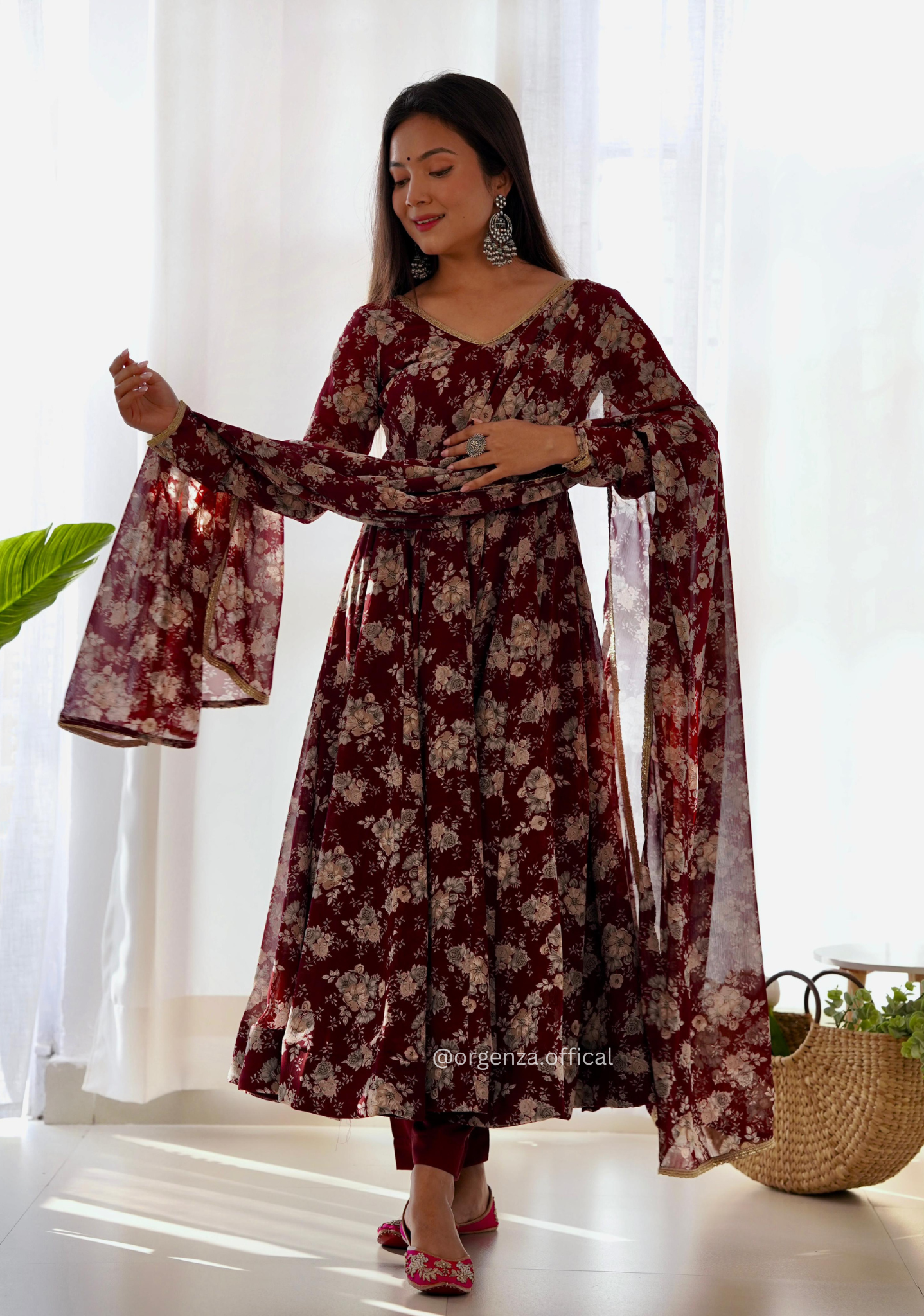 Dark Marron Floral Georgette With Dupatta Set - Orgenza Store