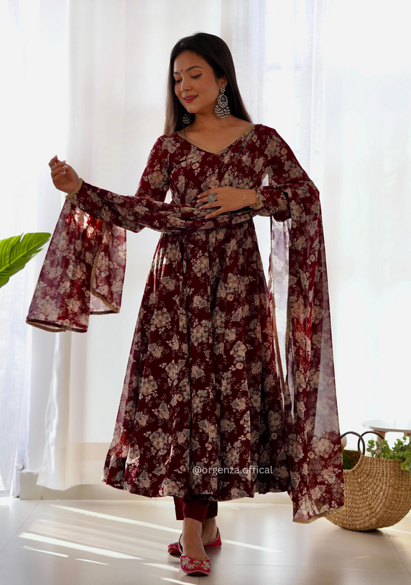 Dark Marron Floral Organza With Dupatta Set