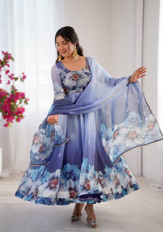 Grey Colour Organza Silk Digital Print Anarkali Kurtis