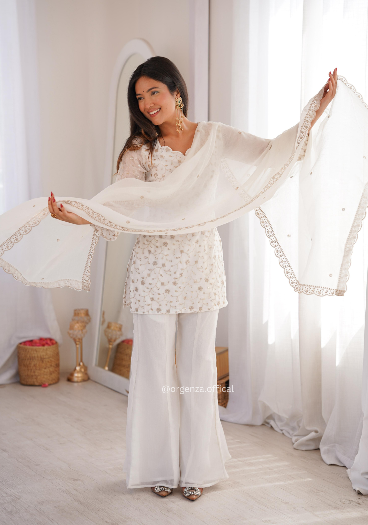 Designer Crunchy Silk Suit Set with Embroidery Sequins & Bell Bottom Pant