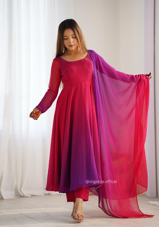 Georgette Plain Anarkali With Dupatta And Pant