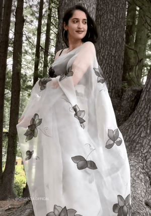 Pure White Organza Saree With Hand Work - Orgenza Store - digisoch