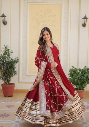 Maroon Colour Soft Fox Blooming Zari Sequins Gown - Orgenza Store