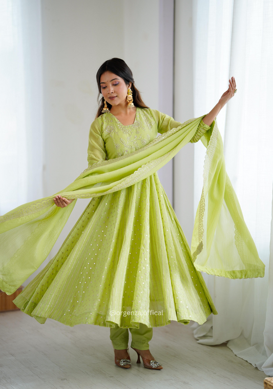 Pista Green Colour Crunchy Silk Anarkali Kurti
