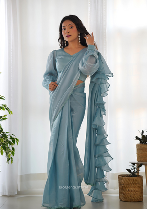 Ready To Wear Sky Colour Jimmy Choo Saree - Orgenza Store