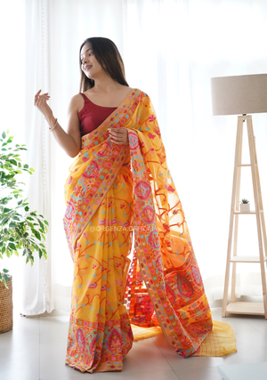 Haldi Yellow Slub Kashmiri Silk Saree - Orgenza Store - digisoch