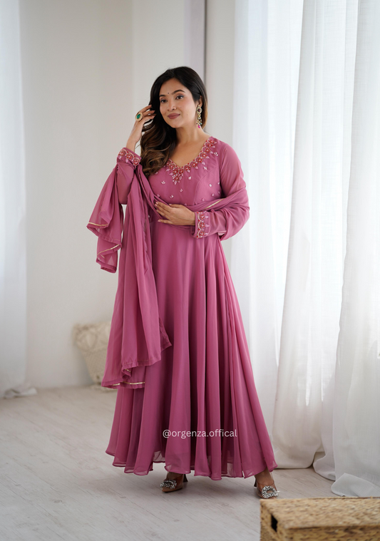 Onion Georgette Handwork Anarkali Kurti Set