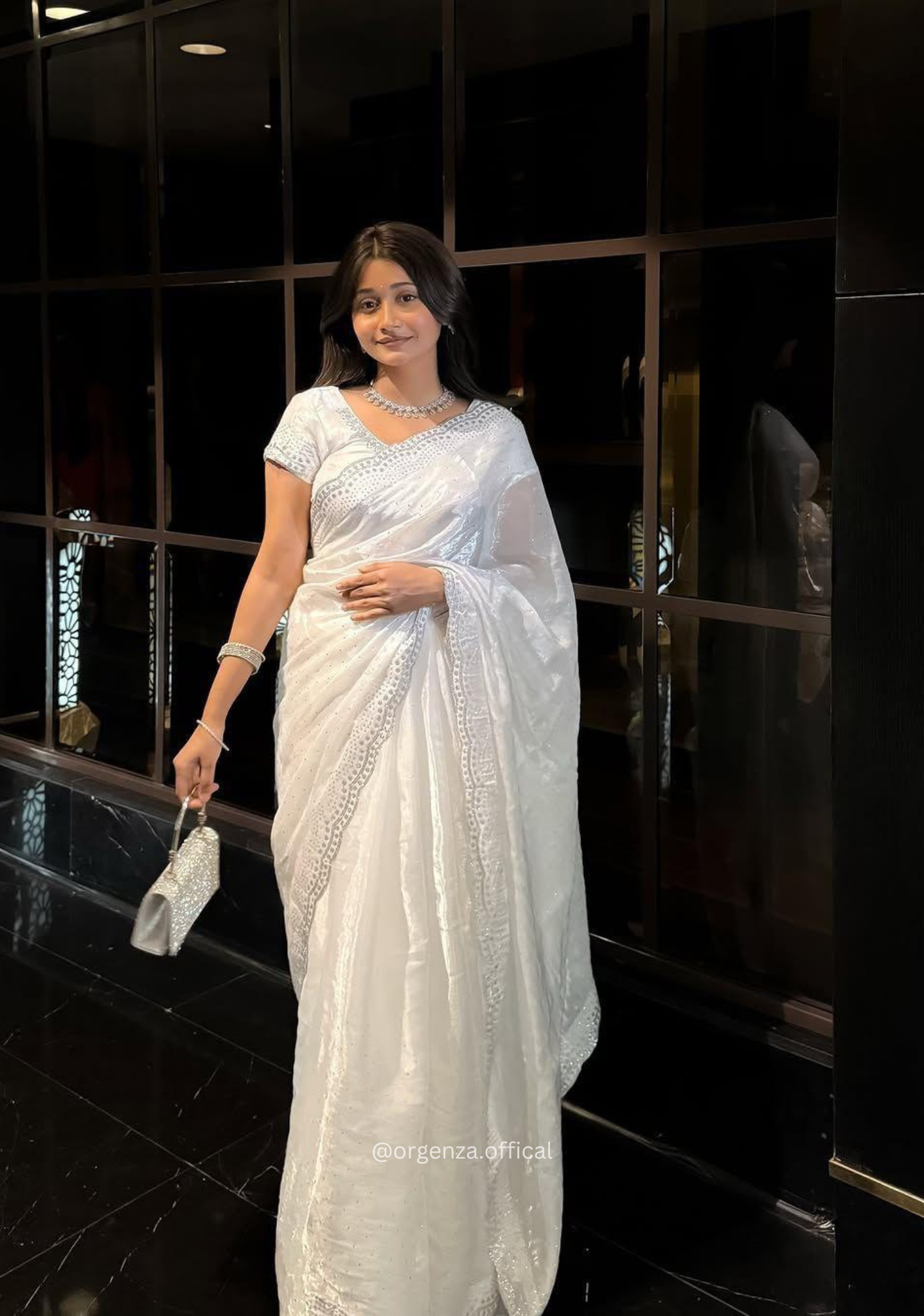 White Colour Burburry Saree With Crystel Diamond Work - Orgenza Store