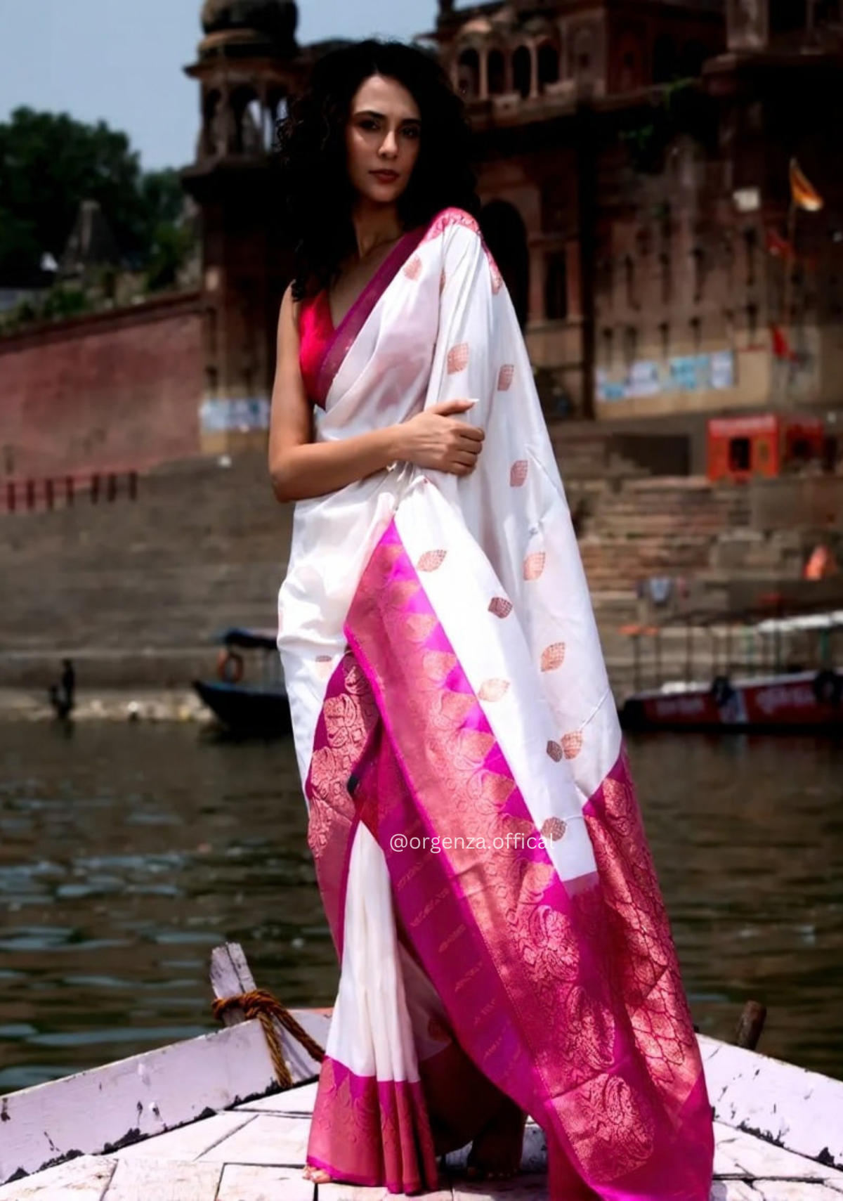White and Pink Banarasi Saree with Golden Zari Weaving
