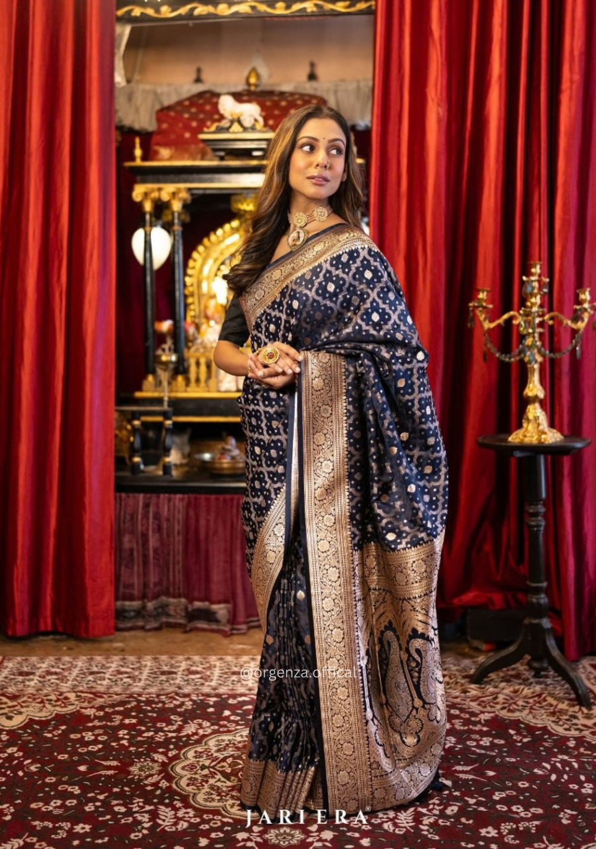 Navy Blue Banarasi Saree with Golden Zari Weaving