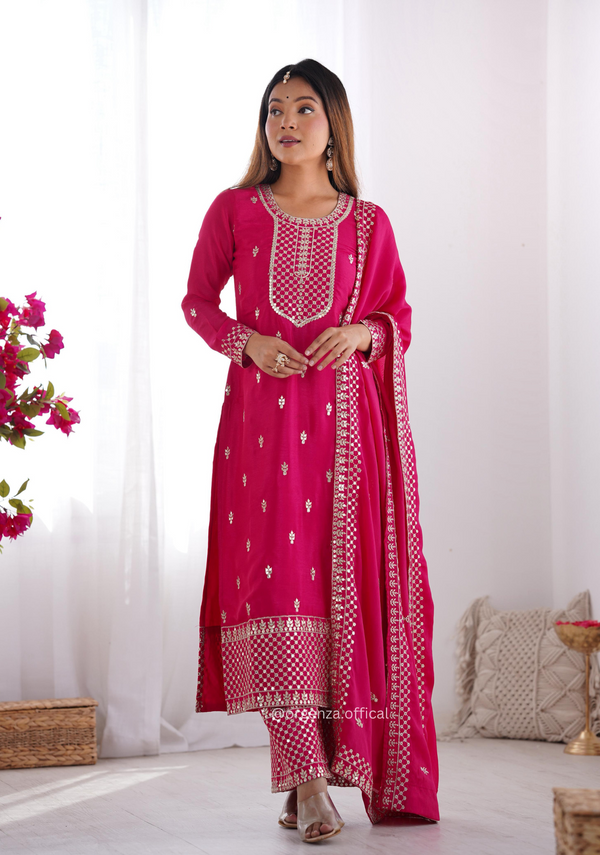 Chinon Silk Fabric Straight Fit Kurta With Dupatta Set