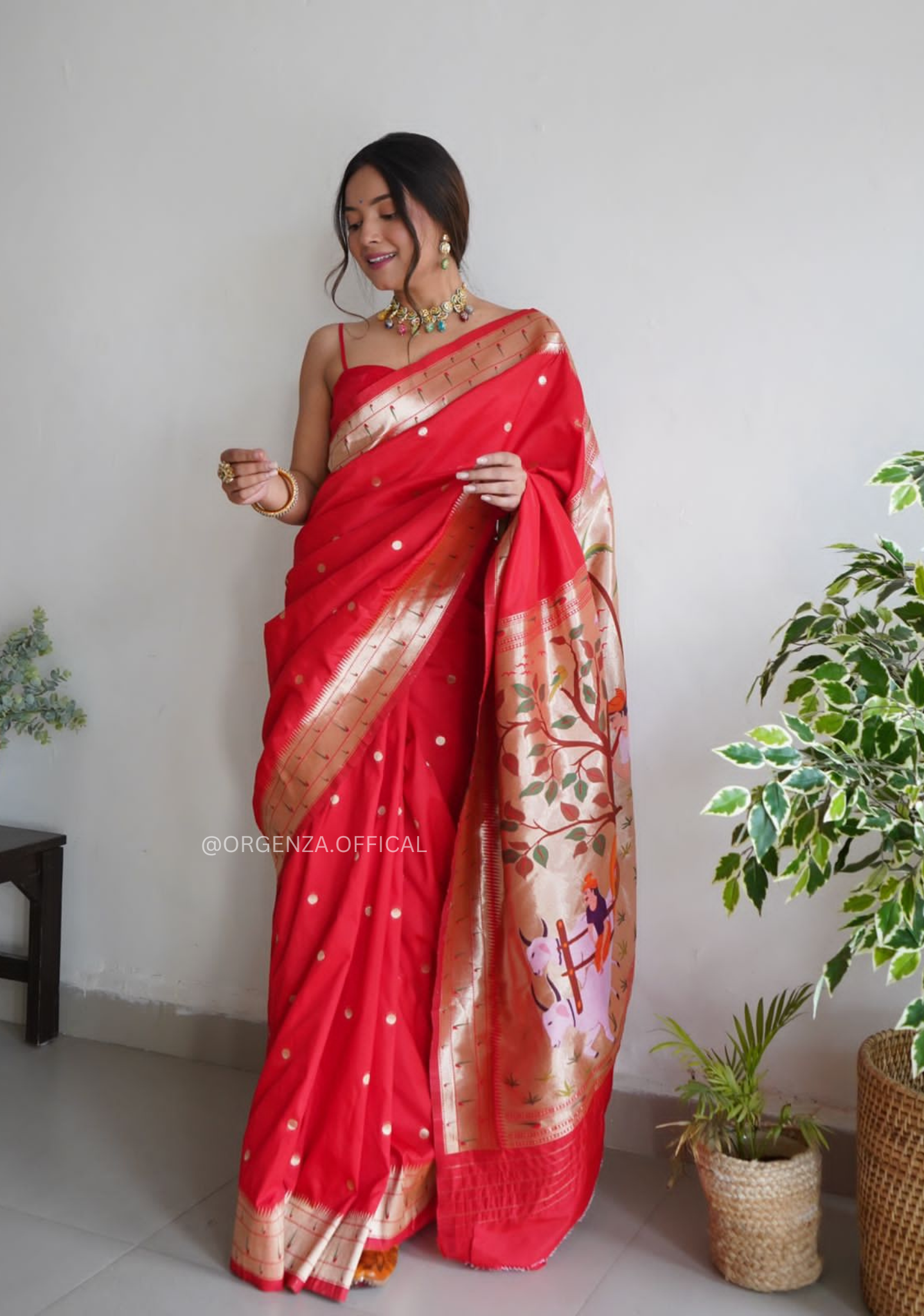Pure Red Paithani Silk Saree With Zari Weaving - Orgenza Store