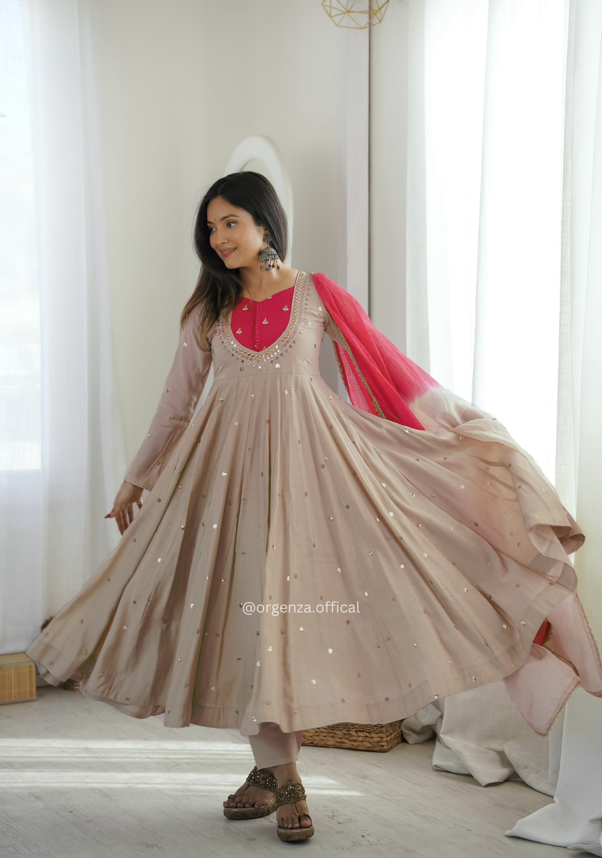 Beige Pink Roman Silk Mirror Work Anarkali Suit Set